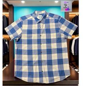 Columbia Men's Button-Up Shirt XL Blue Plaid Short Sleeve Collared Chest